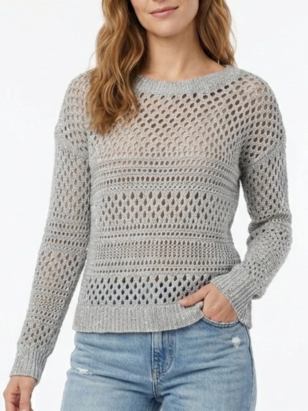 AMERICAN EAGLE Grey Crochet Loose Knit Sweater Sparkle Thread Size Small
